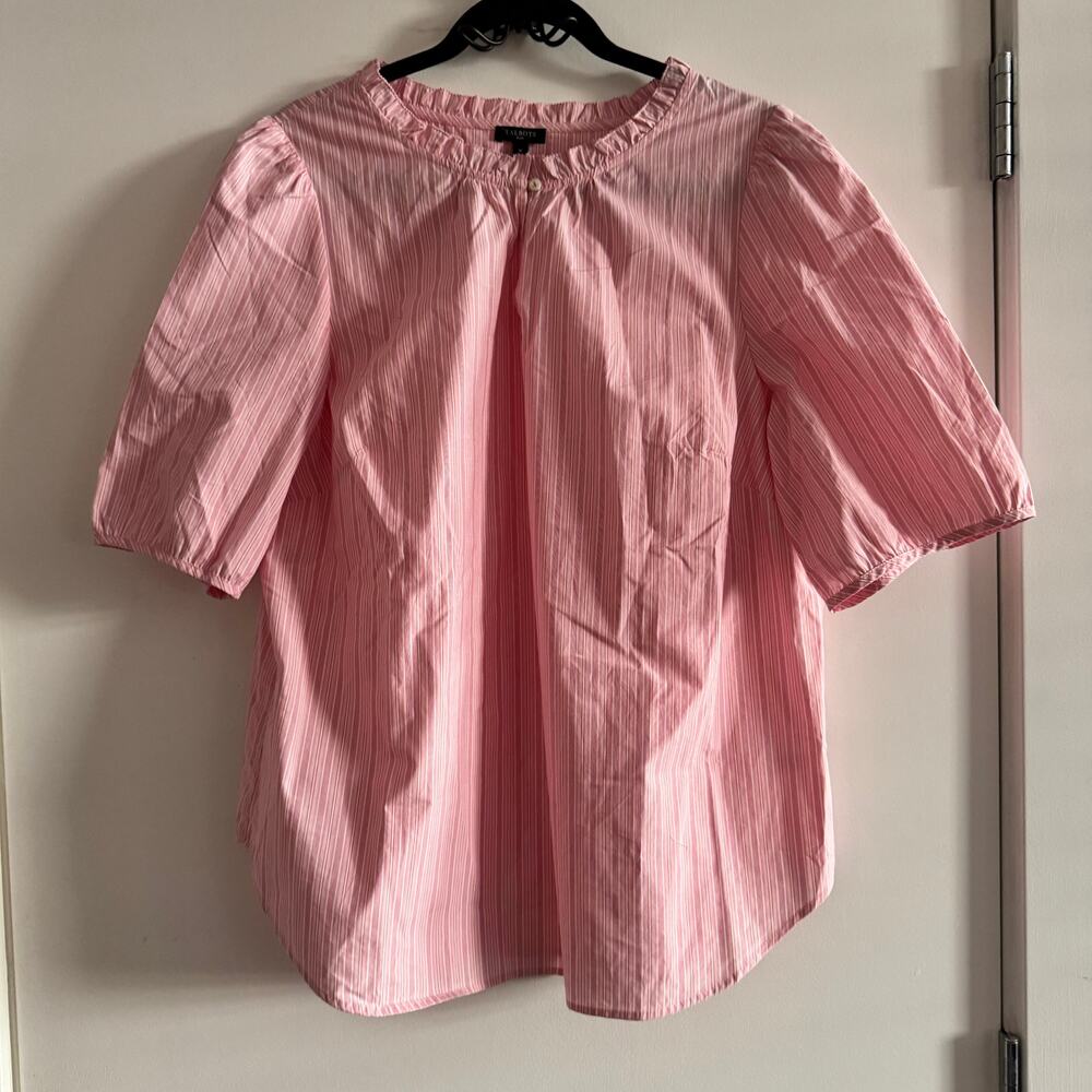 Talbots Ruffle Popover Blouse Red White Stripe Split Neck Elbow Sleeve Sz X
